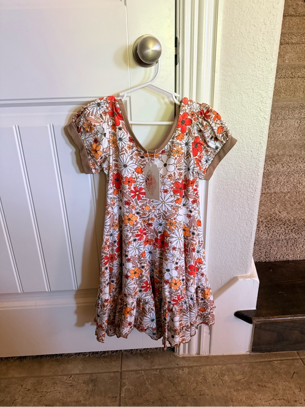 Girls Floral Puff-Sleeve Casual Dress in White and Orange